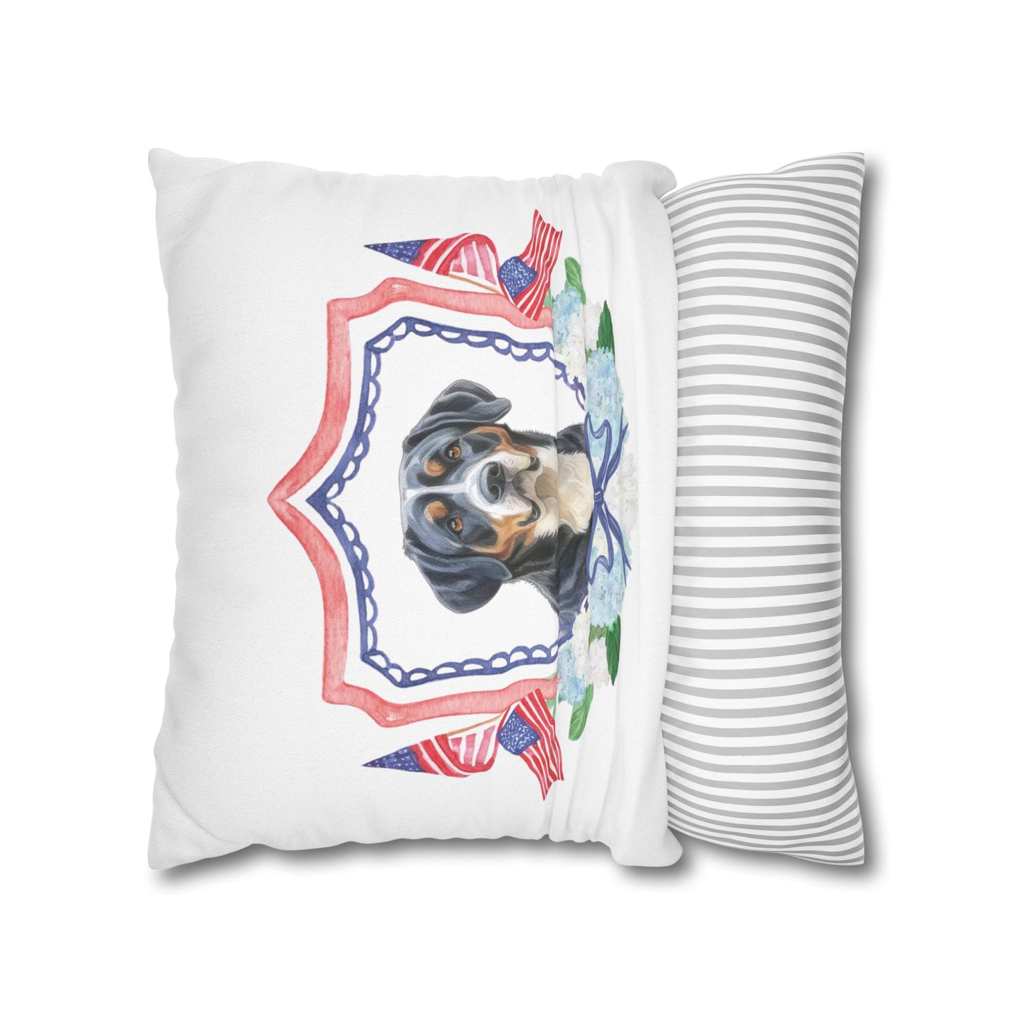 Summer Swissy in the USA, Greater Swiss Mountain Dog Pillow Cover, Hand Drawn, Double-Sided Graphics, Swissy, GSMD