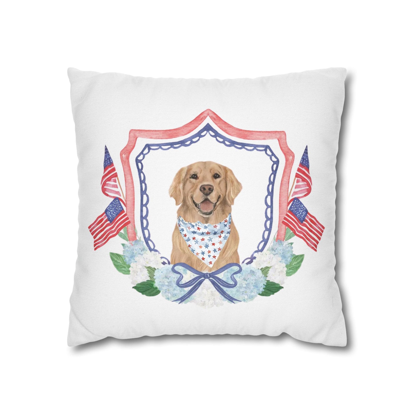 Summer Golden Retriever Pillow Cover, Double Sided, Hand drawn, Watercolor Golden Retriever Patriotic Pillow Cover