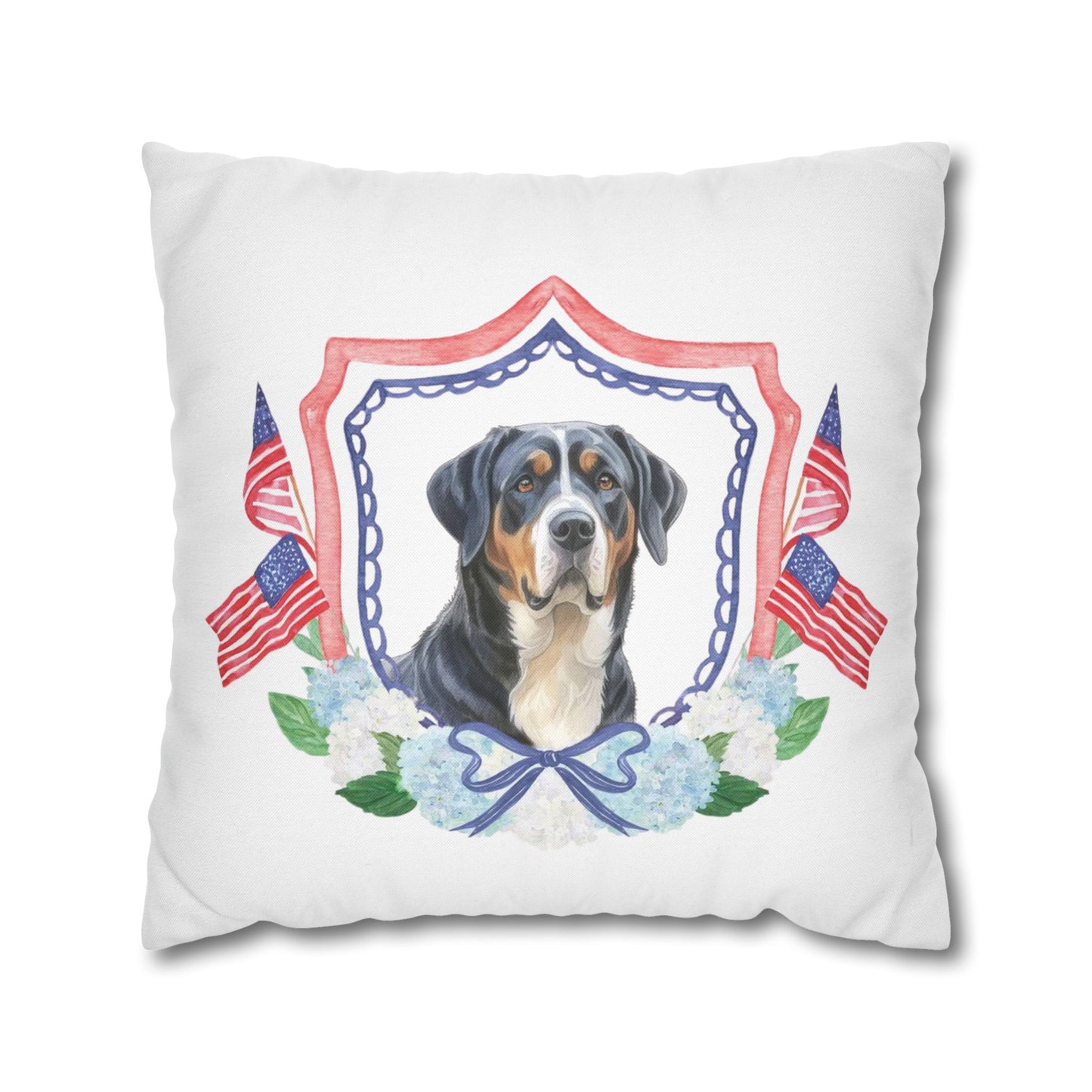 Summer Swissy in the USA, Greater Swiss Mountain Dog Pillow Cover, Hand Drawn, Double-Sided Graphics, Swissy, GSMD