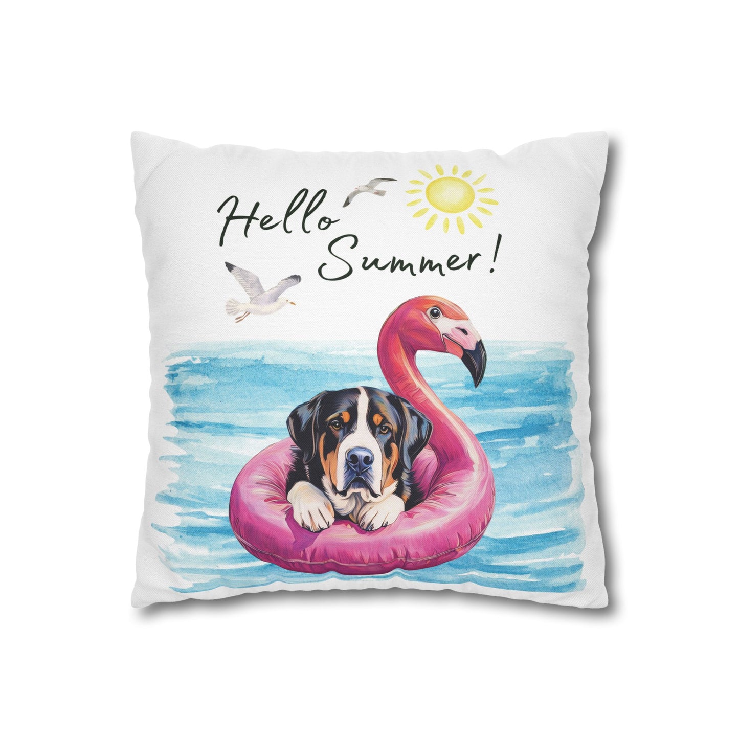 Hello Summer Swissy Pillow Cover, Greater Swiss Mountain Dog Pillow Cover, Hand Drawn, Double-Sided Graphics, Swissy, GSMD