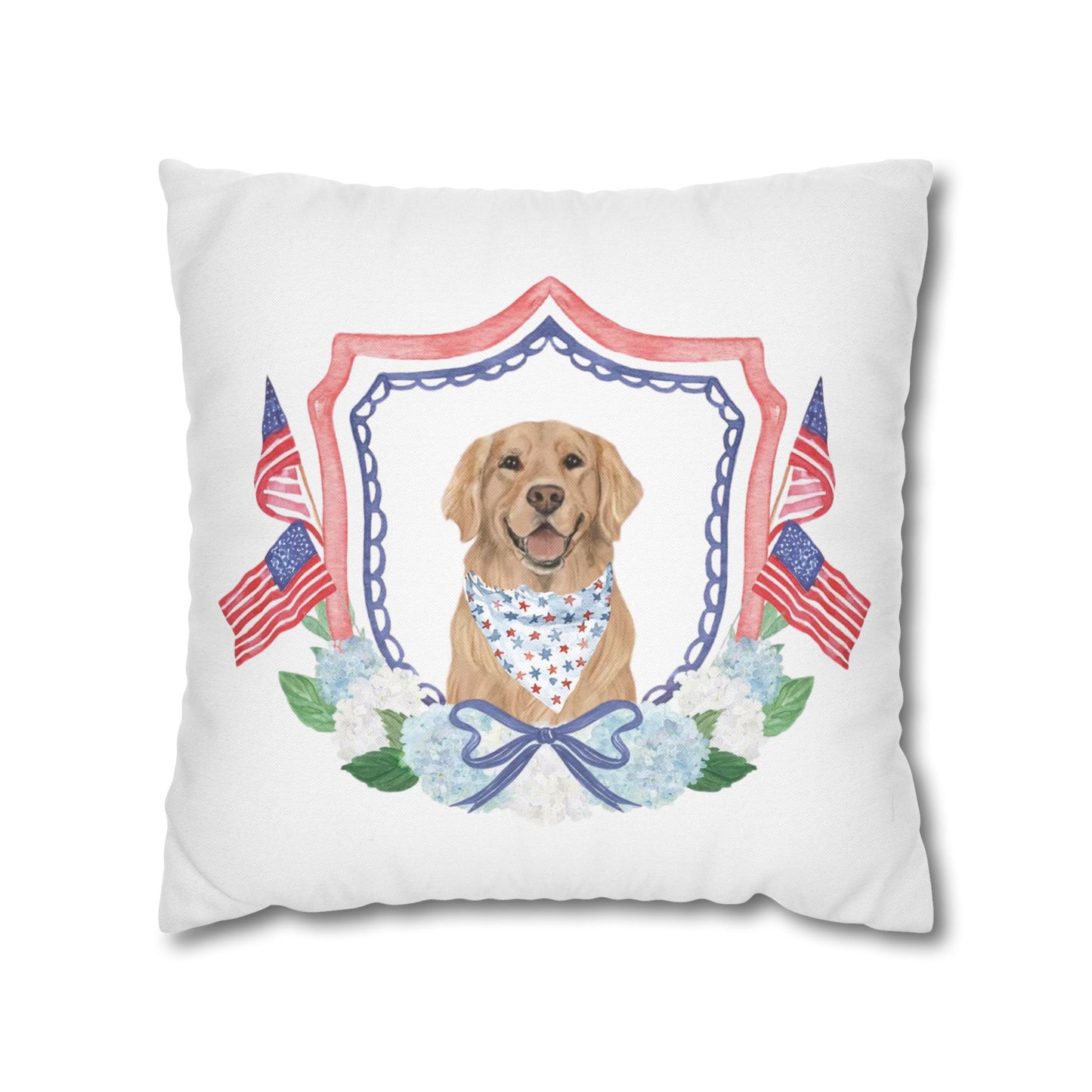 Summer Golden Retriever Pillow Cover, Double Sided, Hand drawn, Watercolor Golden Retriever Patriotic Pillow Cover