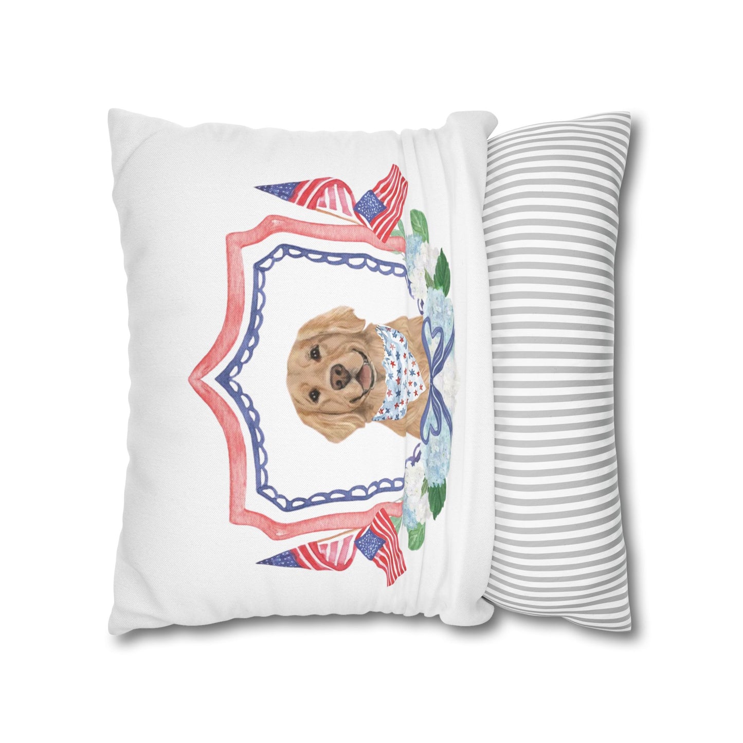 Summer Golden Retriever Pillow Cover, Double Sided, Hand drawn, Watercolor Golden Retriever Patriotic Pillow Cover