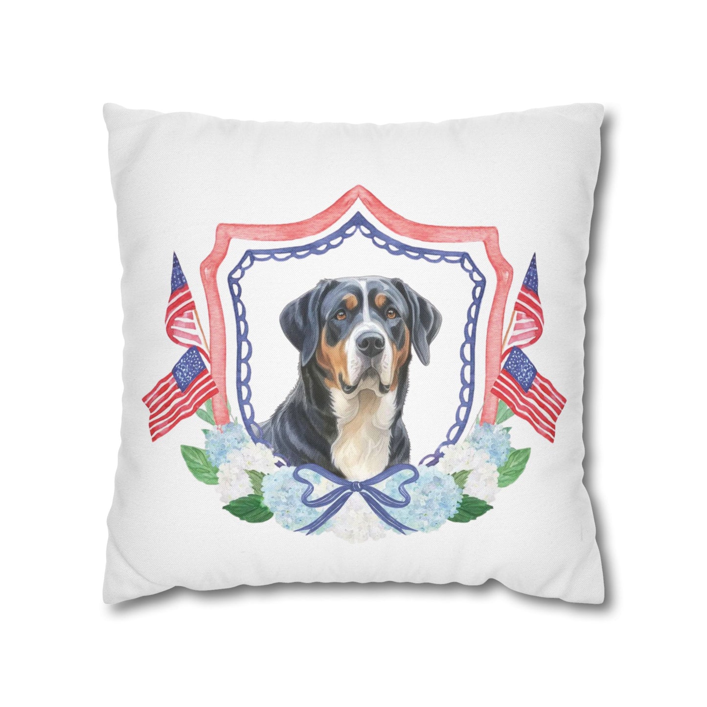 Summer Swissy in the USA, Greater Swiss Mountain Dog Pillow Cover, Hand Drawn, Double-Sided Graphics, Swissy, GSMD
