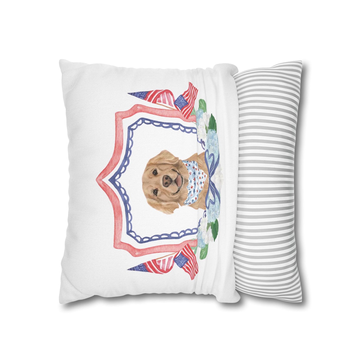 Summer Golden Retriever Pillow Cover, Double Sided, Hand drawn, Watercolor Golden Retriever Patriotic Pillow Cover