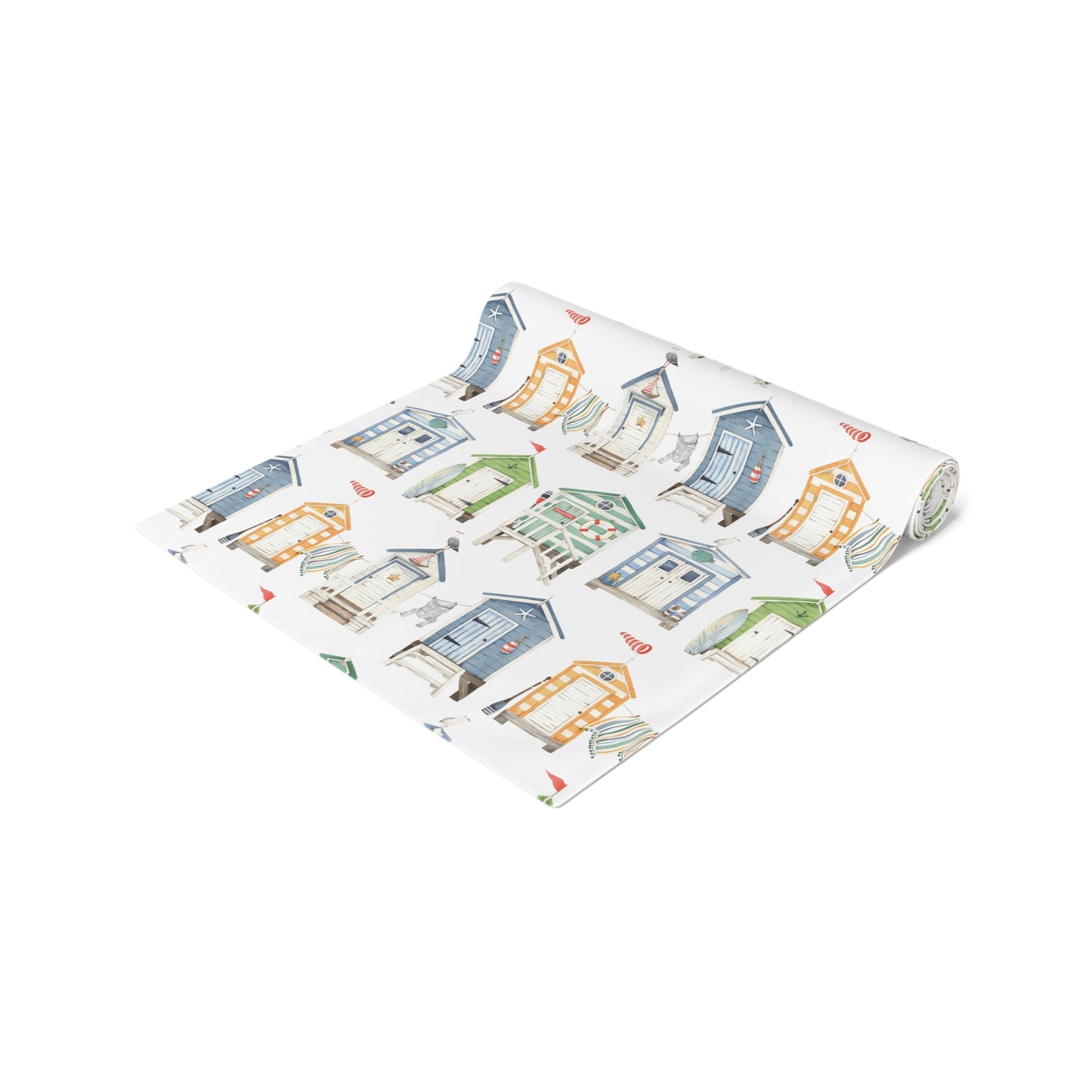 Watercolor Hand Drawn Beach Hut Summer Table Runner