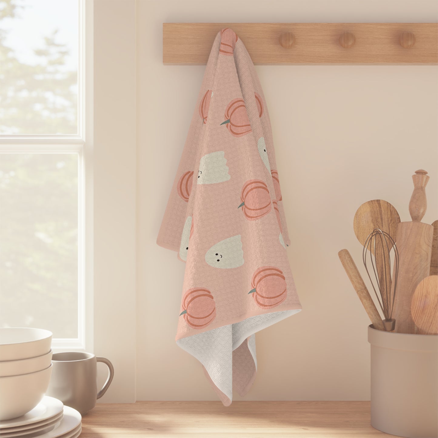 Peach Not So Spooky Ghost Tea Towel, Halloween Kitchen Decor, Fall Dish Cloth, Autumn Home Gift, Cute Pumpkin Towel