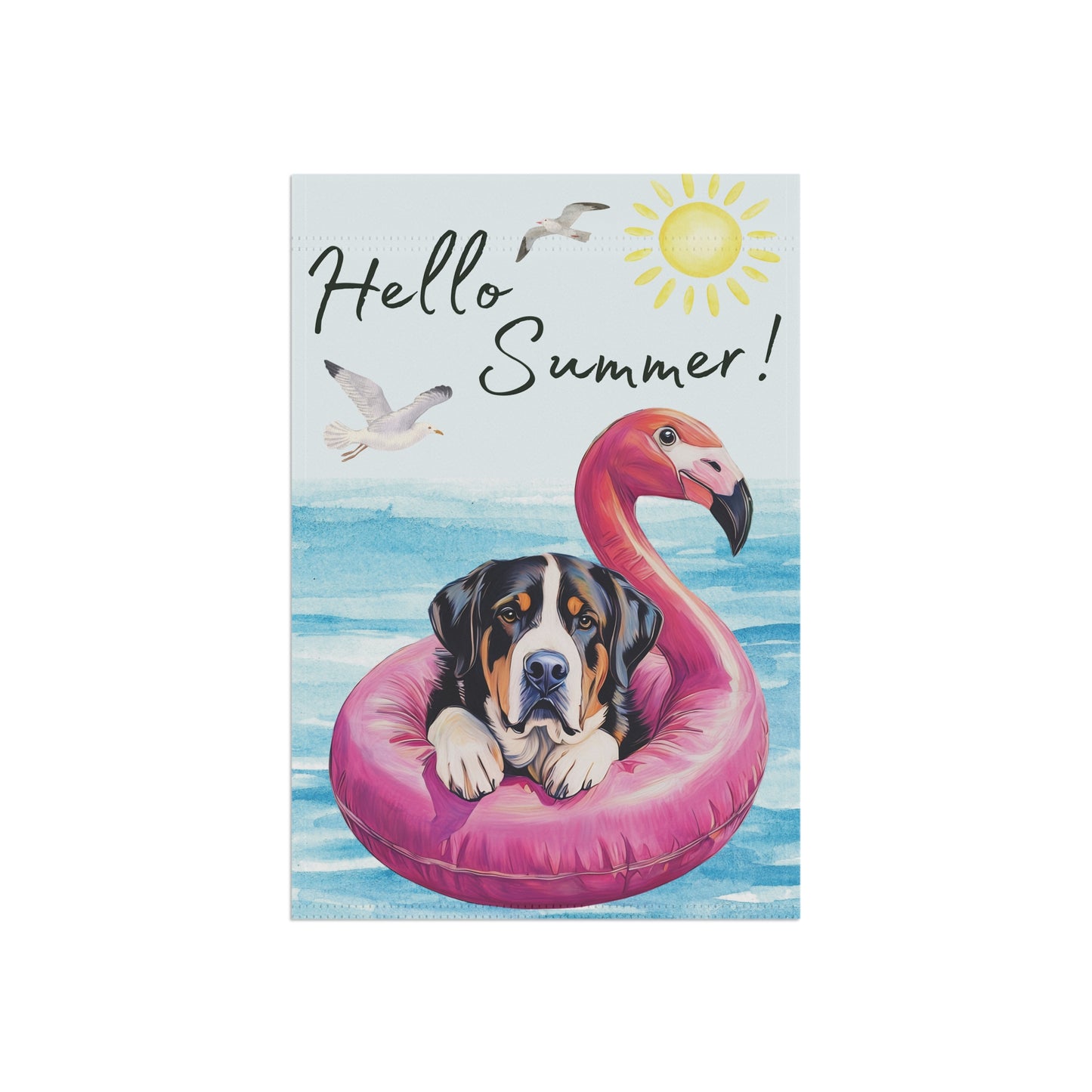Watercolor Greater Swiss Mountain Dog Garden Flag, Hello Summer Swissy Garden Flag, Watercolor Hand drawn Dog Flag, Double Sided
