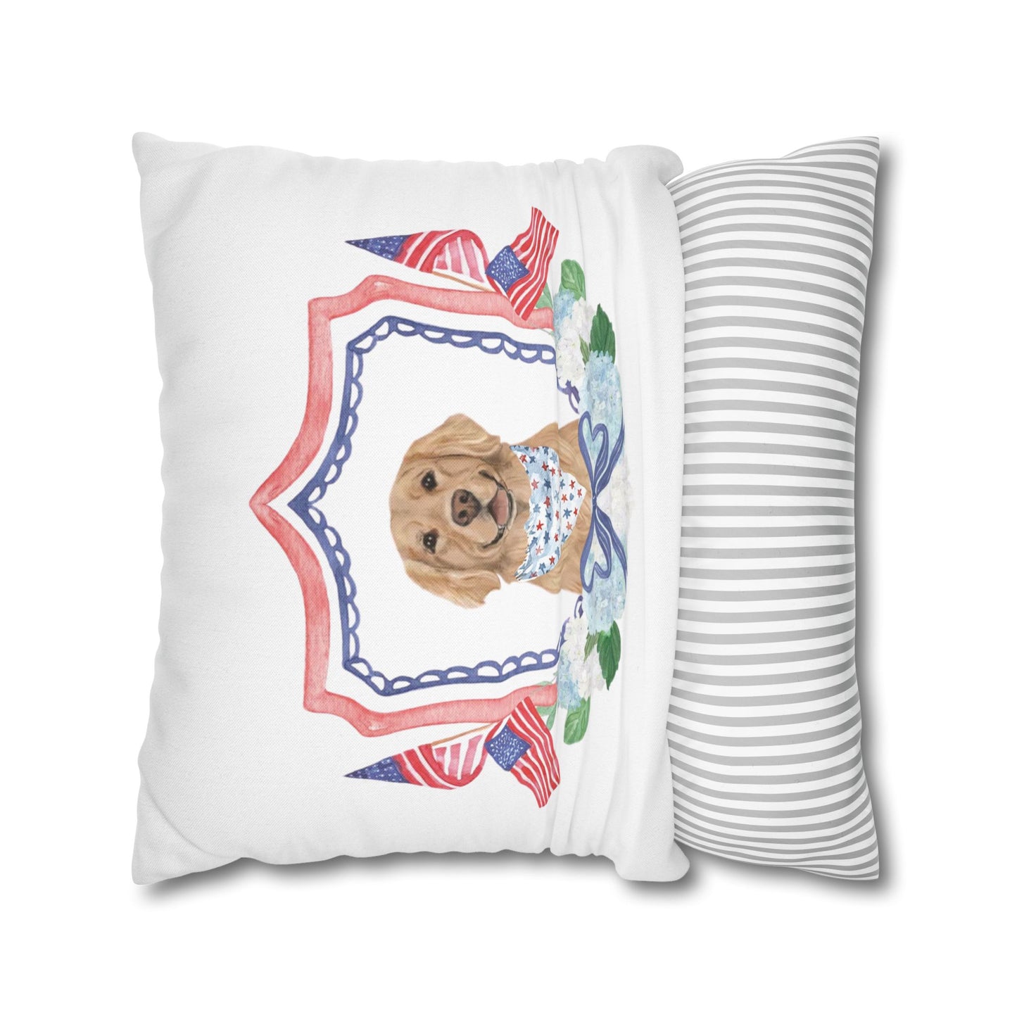 Summer Golden Retriever Pillow Cover, Double Sided, Hand drawn, Watercolor Golden Retriever Patriotic Pillow Cover