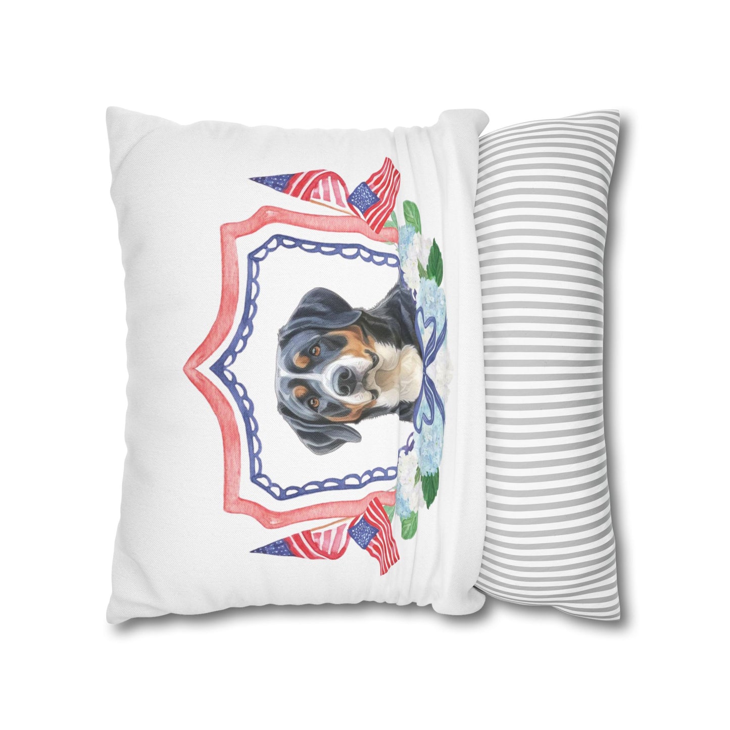 Summer Swissy in the USA, Greater Swiss Mountain Dog Pillow Cover, Hand Drawn, Double-Sided Graphics, Swissy, GSMD
