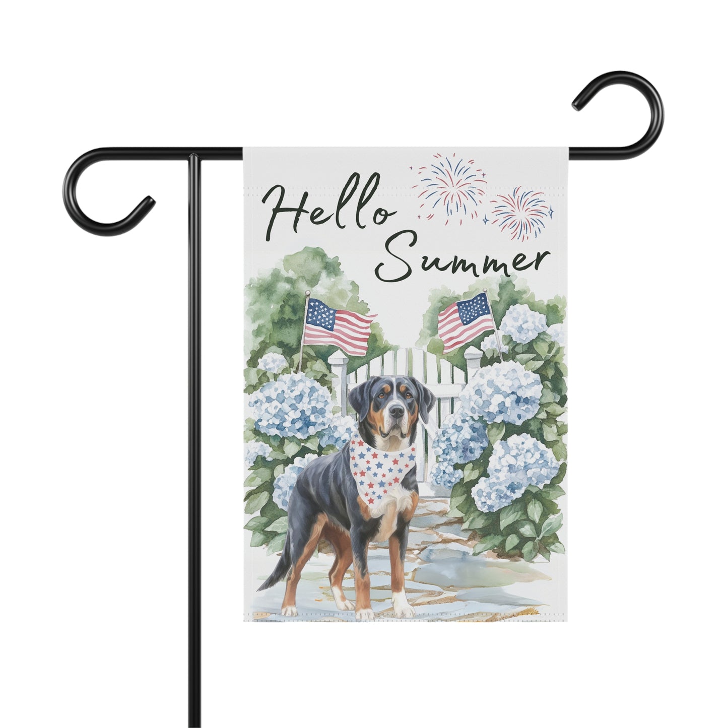 Greater Swiss Mountain Dog Garden Flag, Hello Summer Swissy Garden Flag, Watercolor Hand drawn Dog Flag, Double Sided