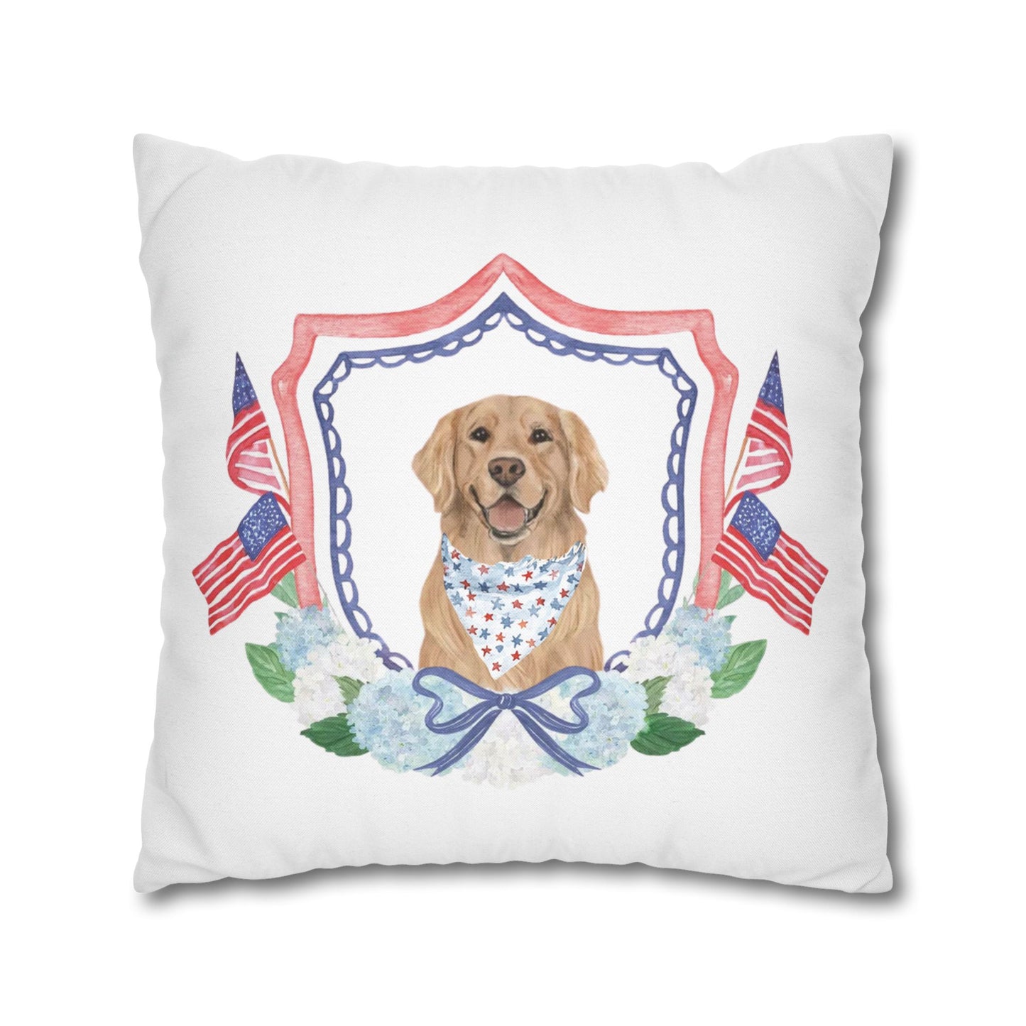 Summer Golden Retriever Pillow Cover, Double Sided, Hand drawn, Watercolor Golden Retriever Patriotic Pillow Cover