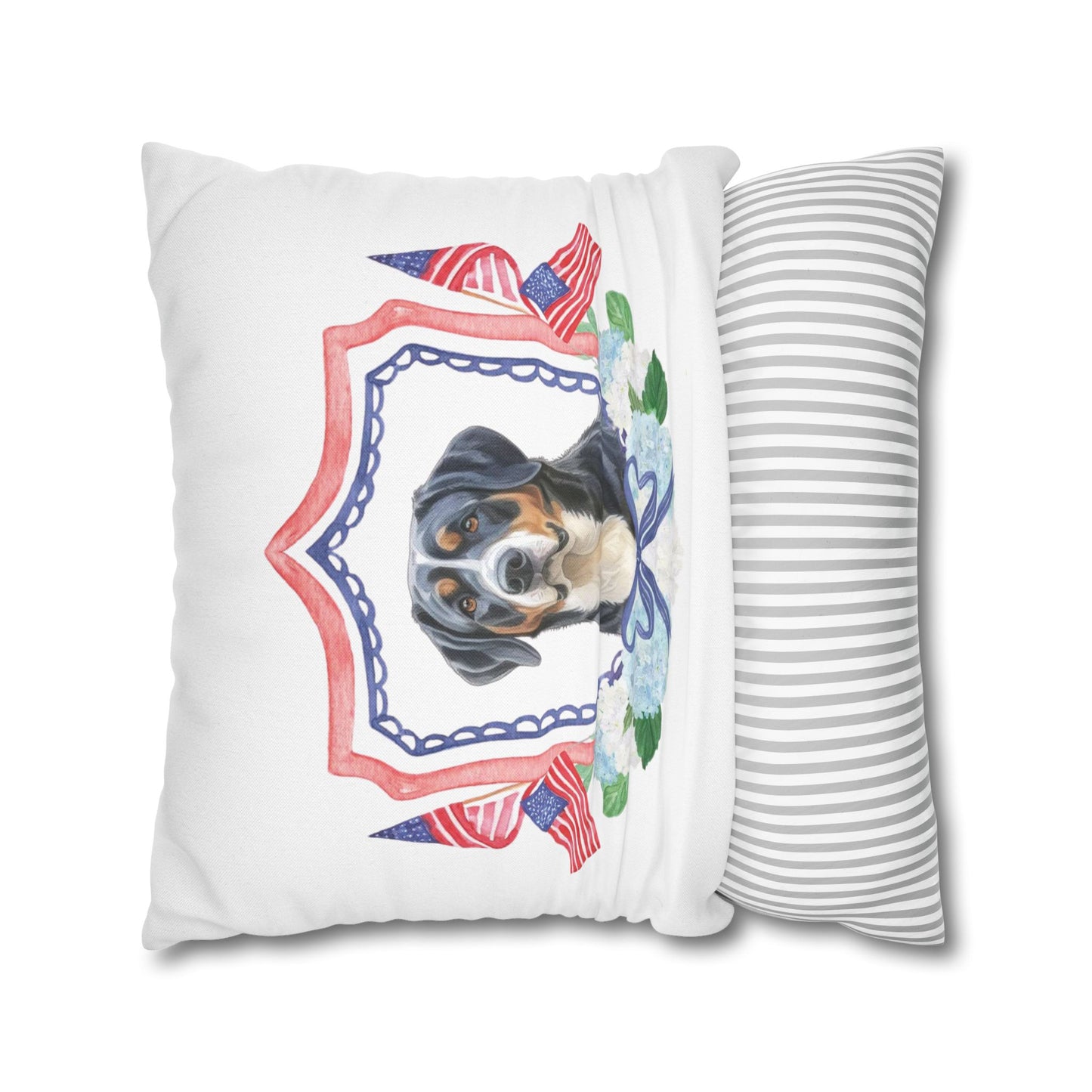 Summer Swissy in the USA, Greater Swiss Mountain Dog Pillow Cover, Hand Drawn, Double-Sided Graphics, Swissy, GSMD