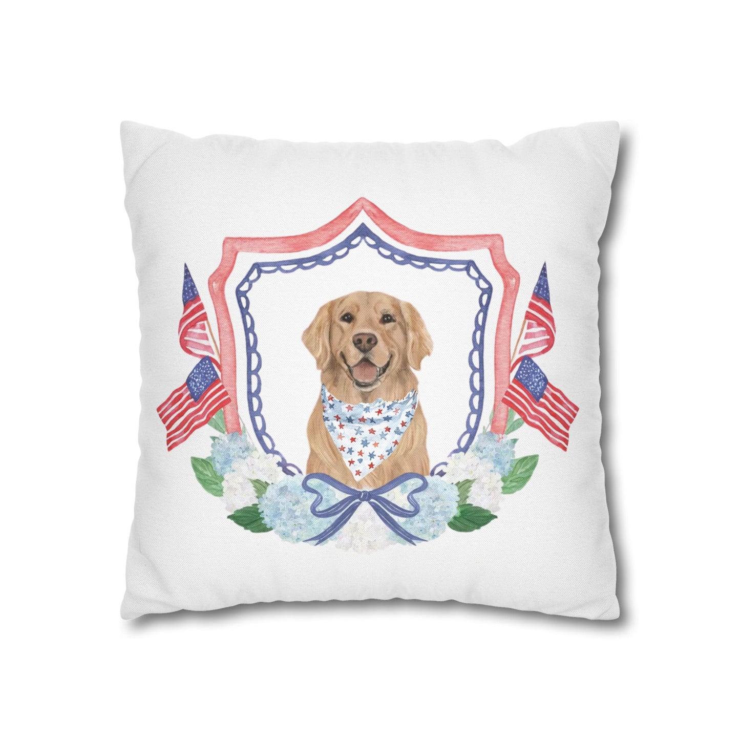 Summer Golden Retriever Pillow Cover, Double Sided, Hand drawn, Watercolor Golden Retriever Patriotic Pillow Cover