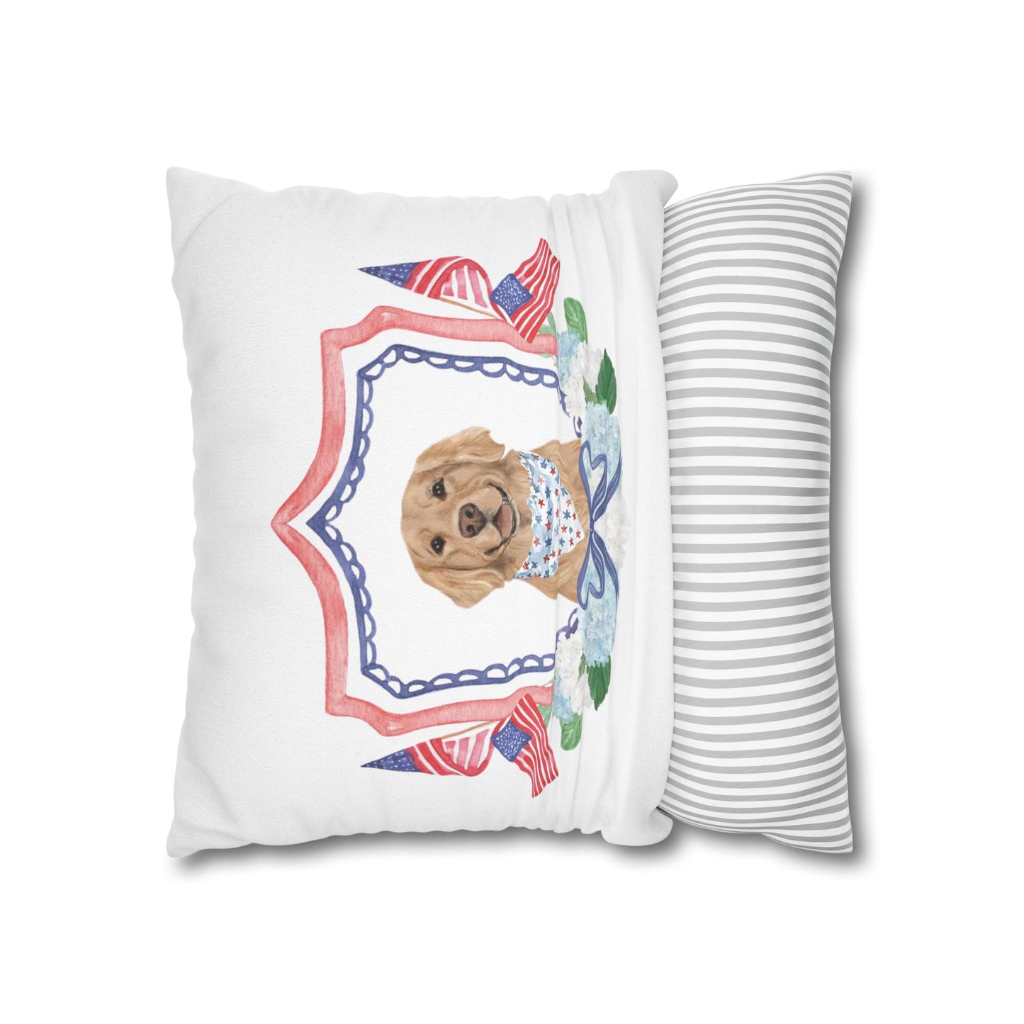 Summer Golden Retriever Pillow Cover, Double Sided, Hand drawn, Watercolor Golden Retriever Patriotic Pillow Cover