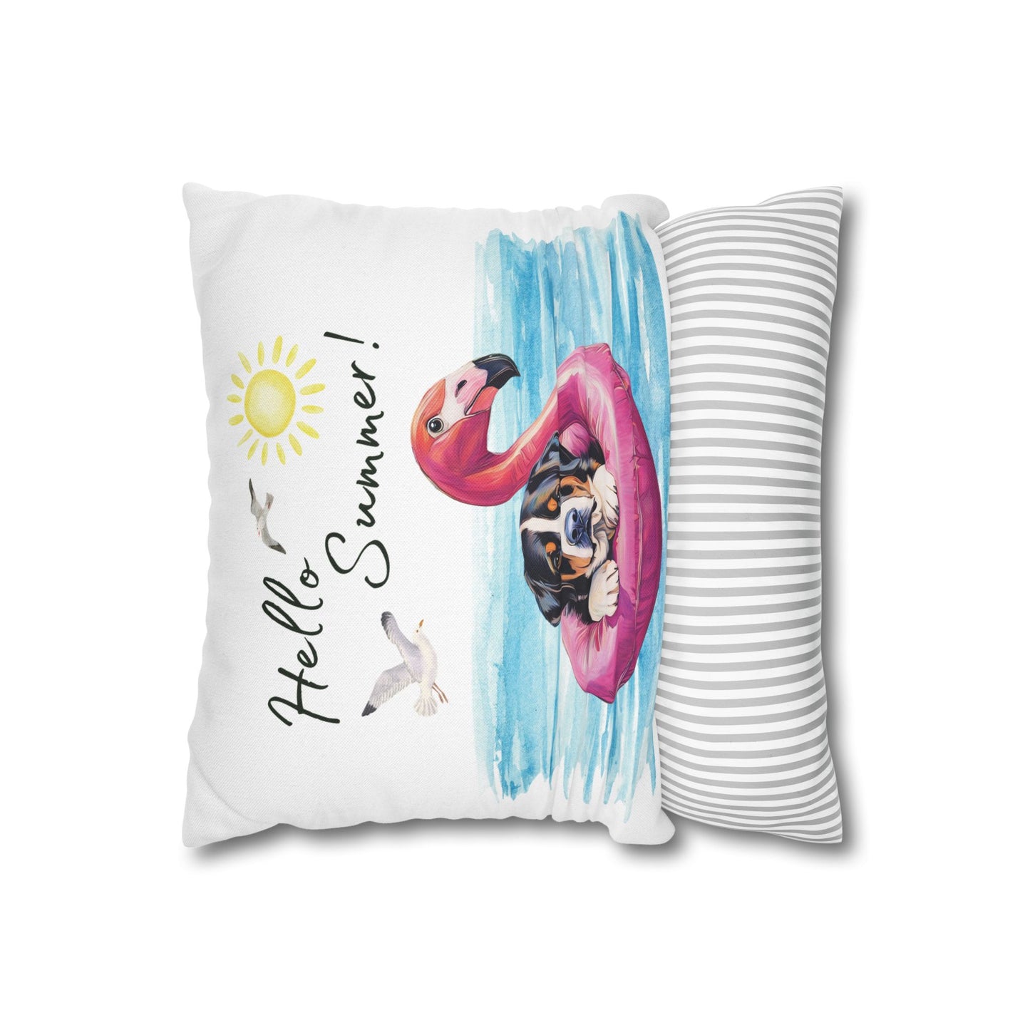 Hello Summer Swissy Pillow Cover, Greater Swiss Mountain Dog Pillow Cover, Hand Drawn, Double-Sided Graphics, Swissy, GSMD