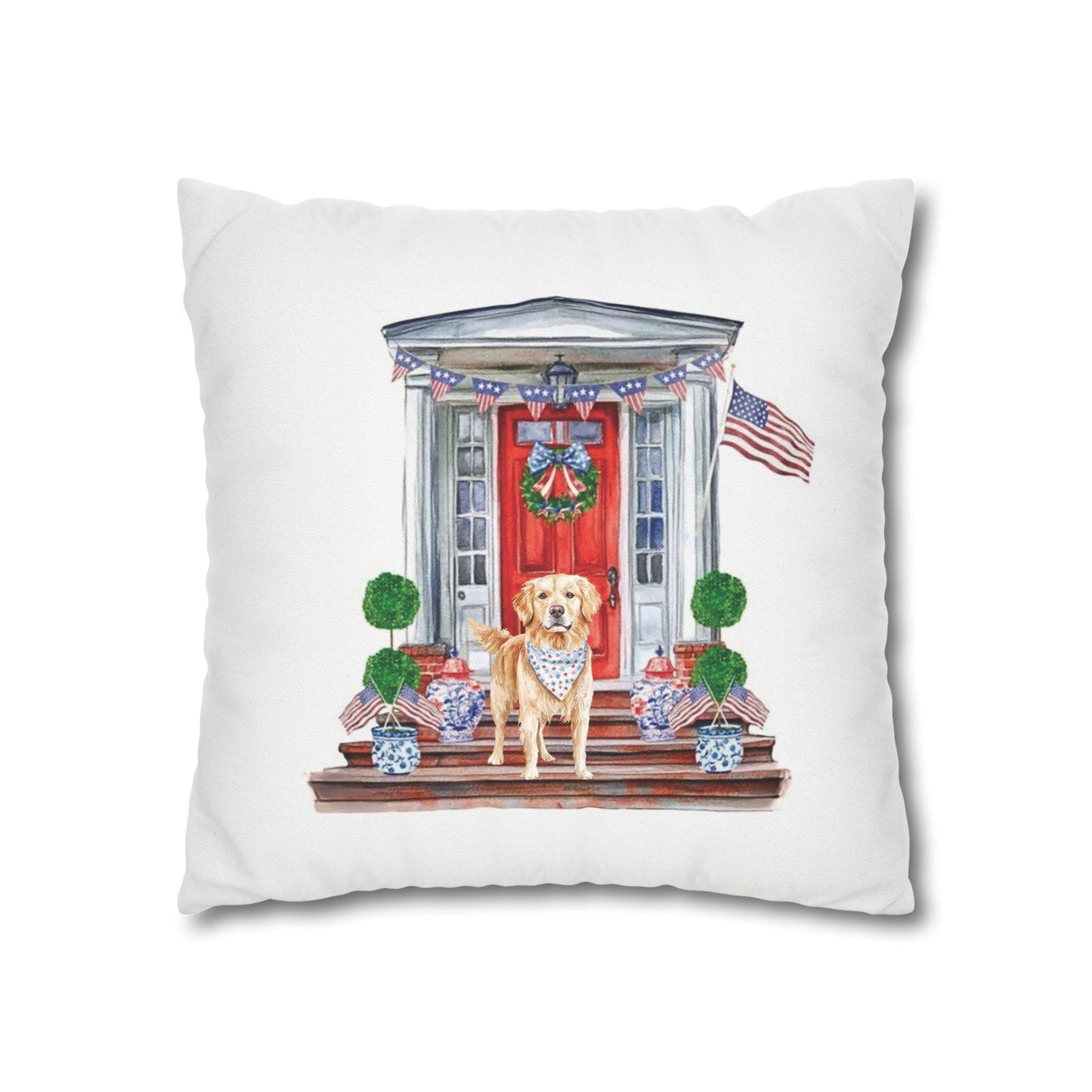 Summer Golden Retriever Pillow Cover, Double Sided, Hand drawn, Watercolor Golden Retriever Patriotic Pillow Cover