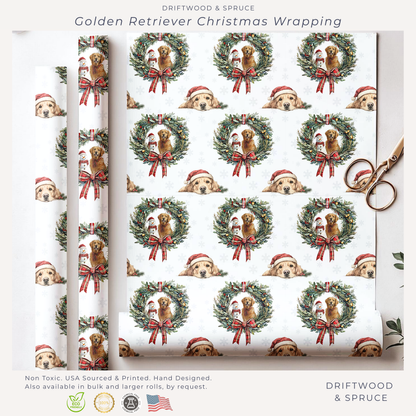 Golden Retriever Christmas Wrapping Paper, Retriever Dogs Christmas Gift Wrap, Holiday Present Packaging, Traditional Christmas