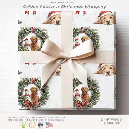 Golden Retriever Christmas Wrapping Paper, Retriever Dogs Christmas Gift Wrap, Holiday Present Packaging, Traditional Christmas