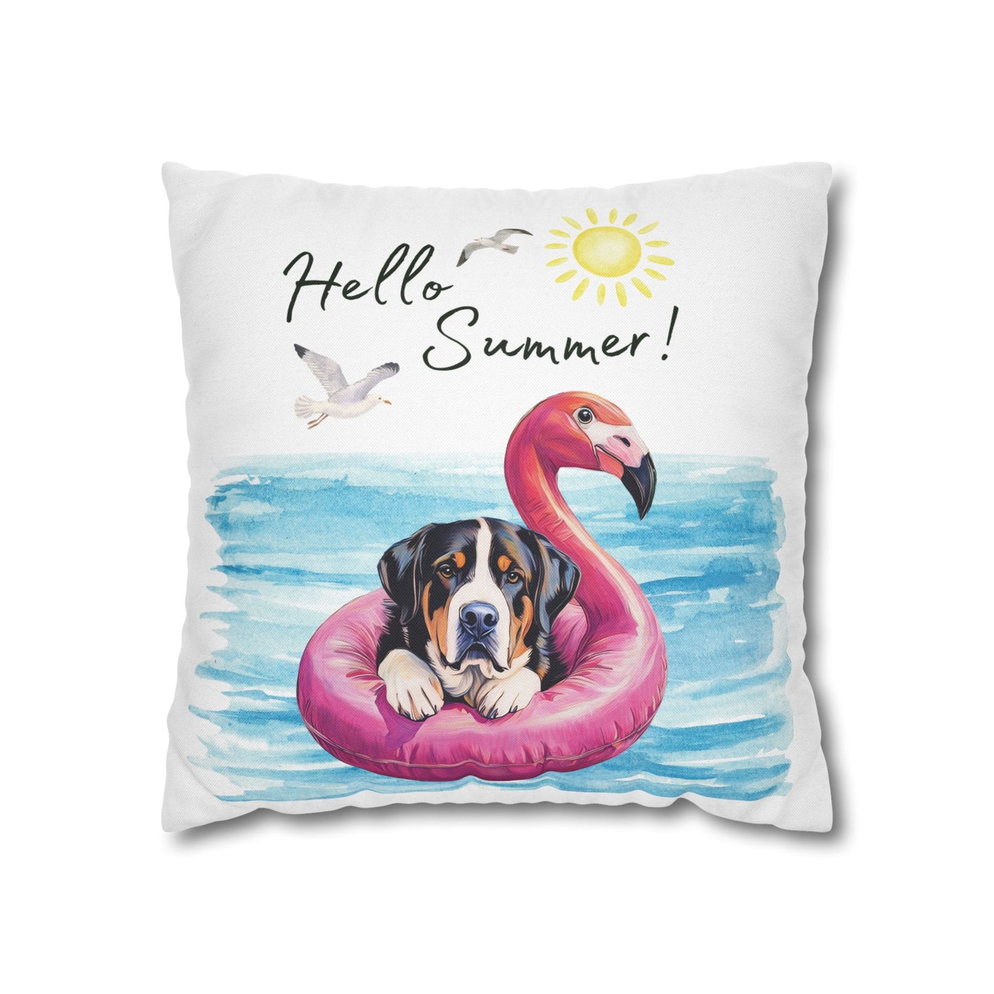 Hello Summer Swissy Pillow Cover, Greater Swiss Mountain Dog Pillow Cover, Hand Drawn, Double-Sided Graphics, Swissy, GSMD