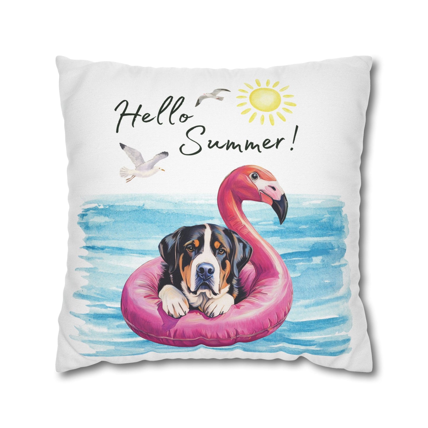 Hello Summer Swissy Pillow Cover, Greater Swiss Mountain Dog Pillow Cover, Hand Drawn, Double-Sided Graphics, Swissy, GSMD