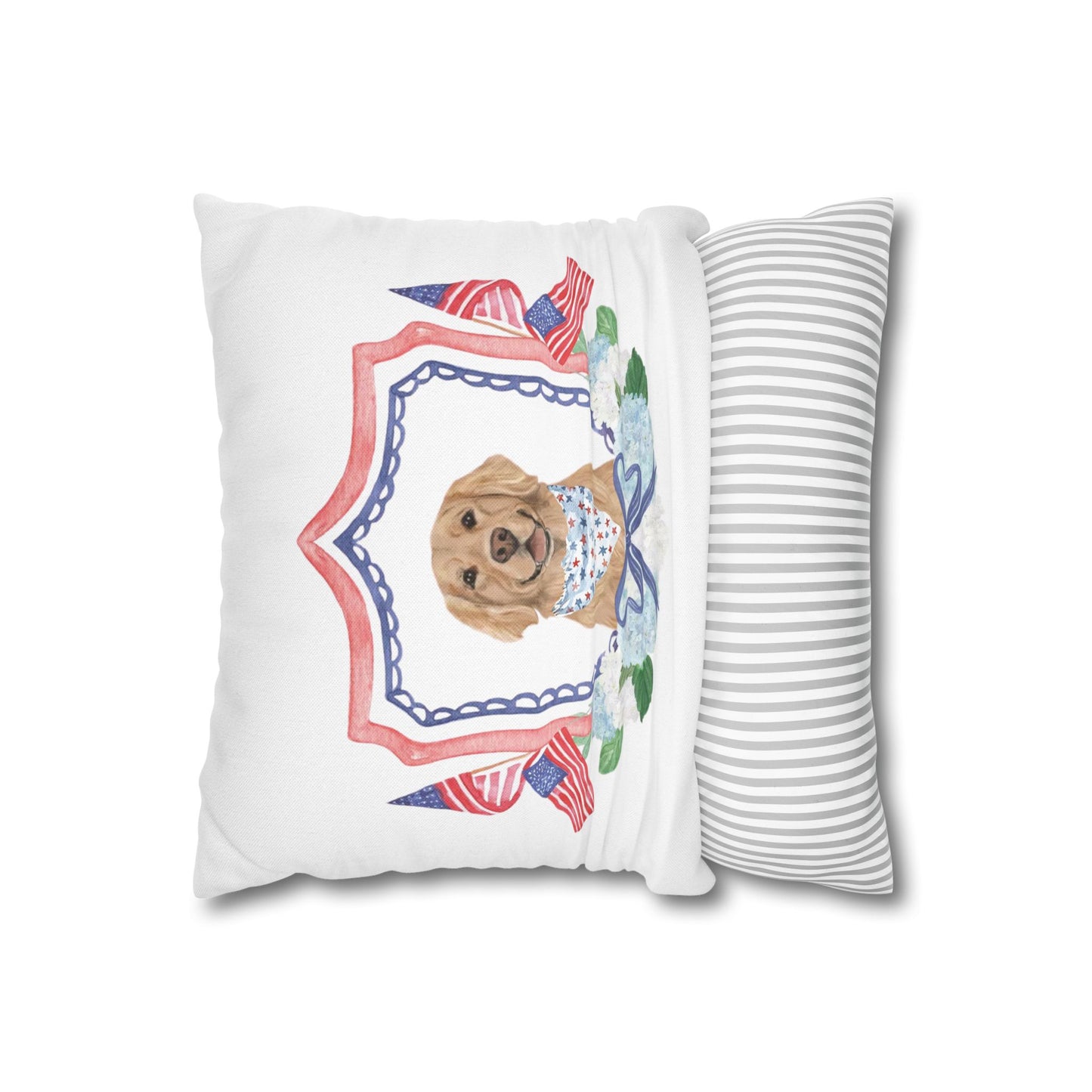 Summer Golden Retriever Pillow Cover, Double Sided, Hand drawn, Watercolor Golden Retriever Patriotic Pillow Cover