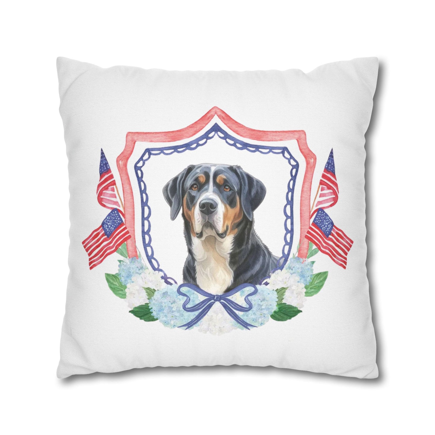 Summer Swissy in the USA, Greater Swiss Mountain Dog Pillow Cover, Hand Drawn, Double-Sided Graphics, Swissy, GSMD