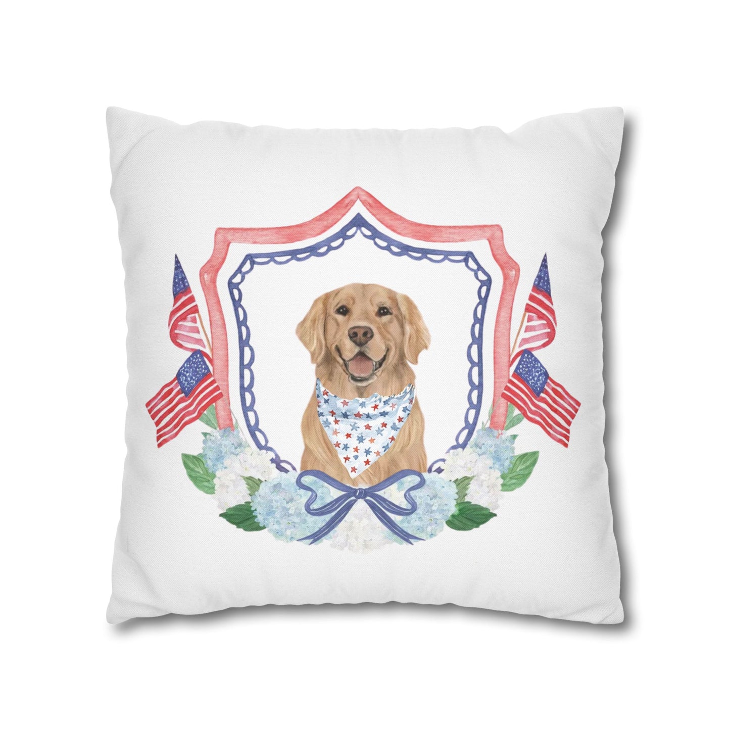 Summer Golden Retriever Pillow Cover, Double Sided, Hand drawn, Watercolor Golden Retriever Patriotic Pillow Cover