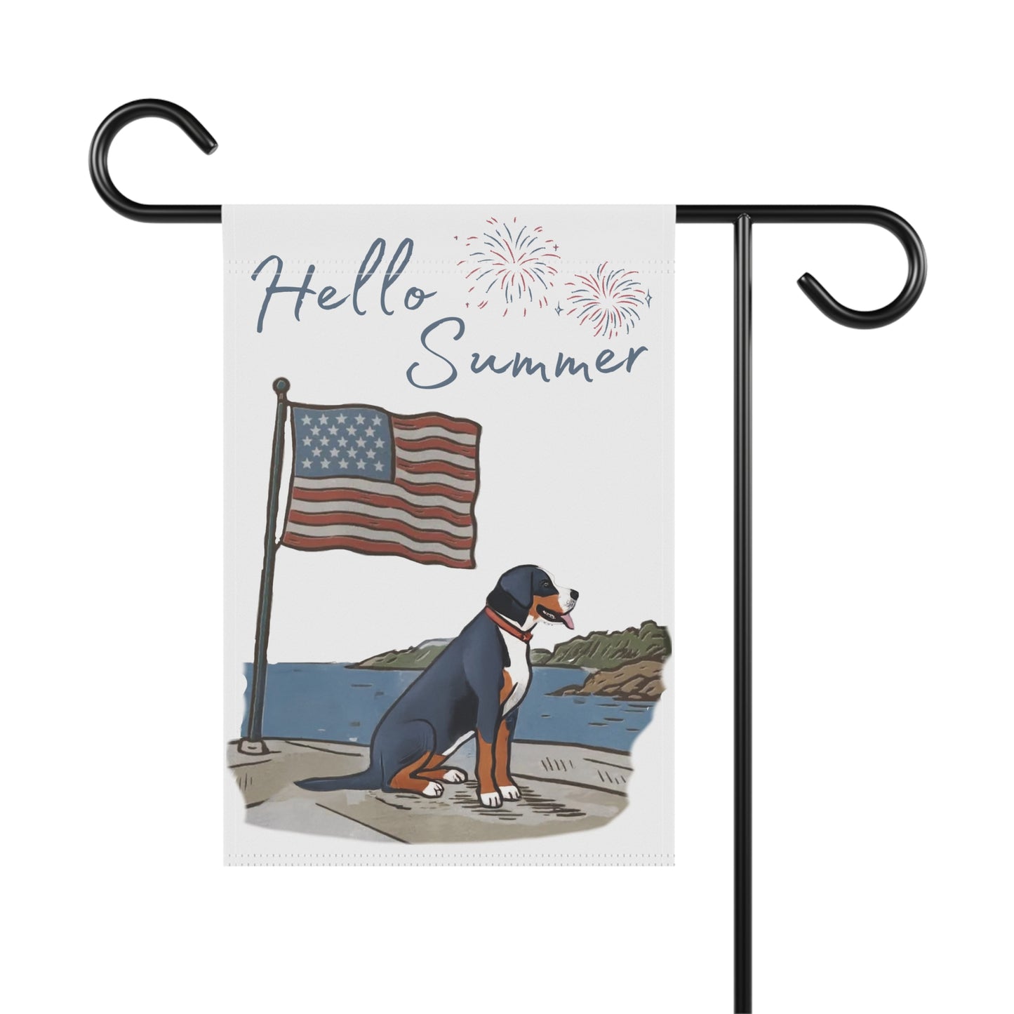 Faded, Watercolor Greater Swiss Mountain Dog Garden Flag, Hello Summer Swissy Garden Flag, Watercolor Hand drawn Dog Flag, Double Sided