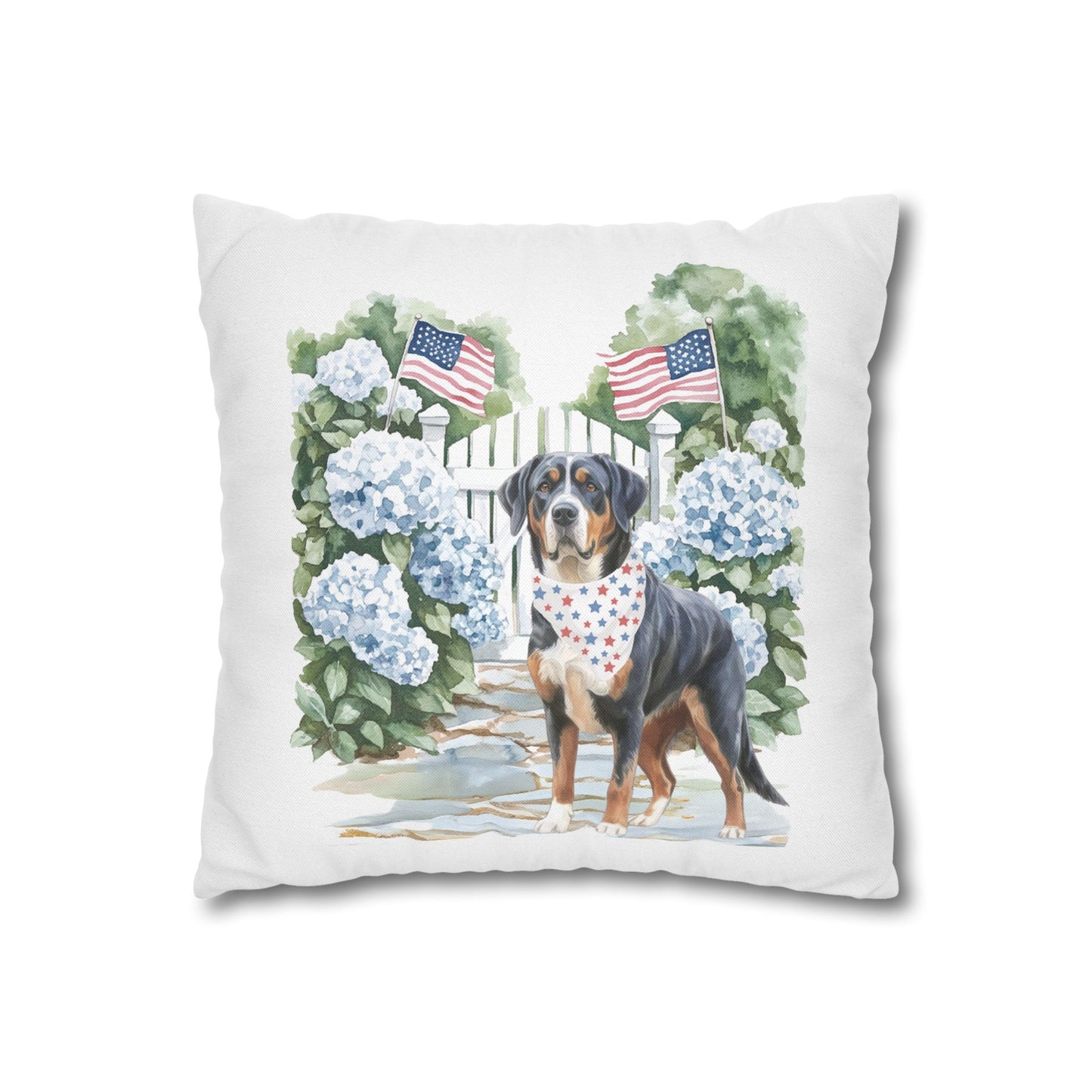 Patriotic Summer Greater Swiss Mountain Dog Pillow Cover, Hand Drawn, Double-Sided Graphics, Swissy, GSMD