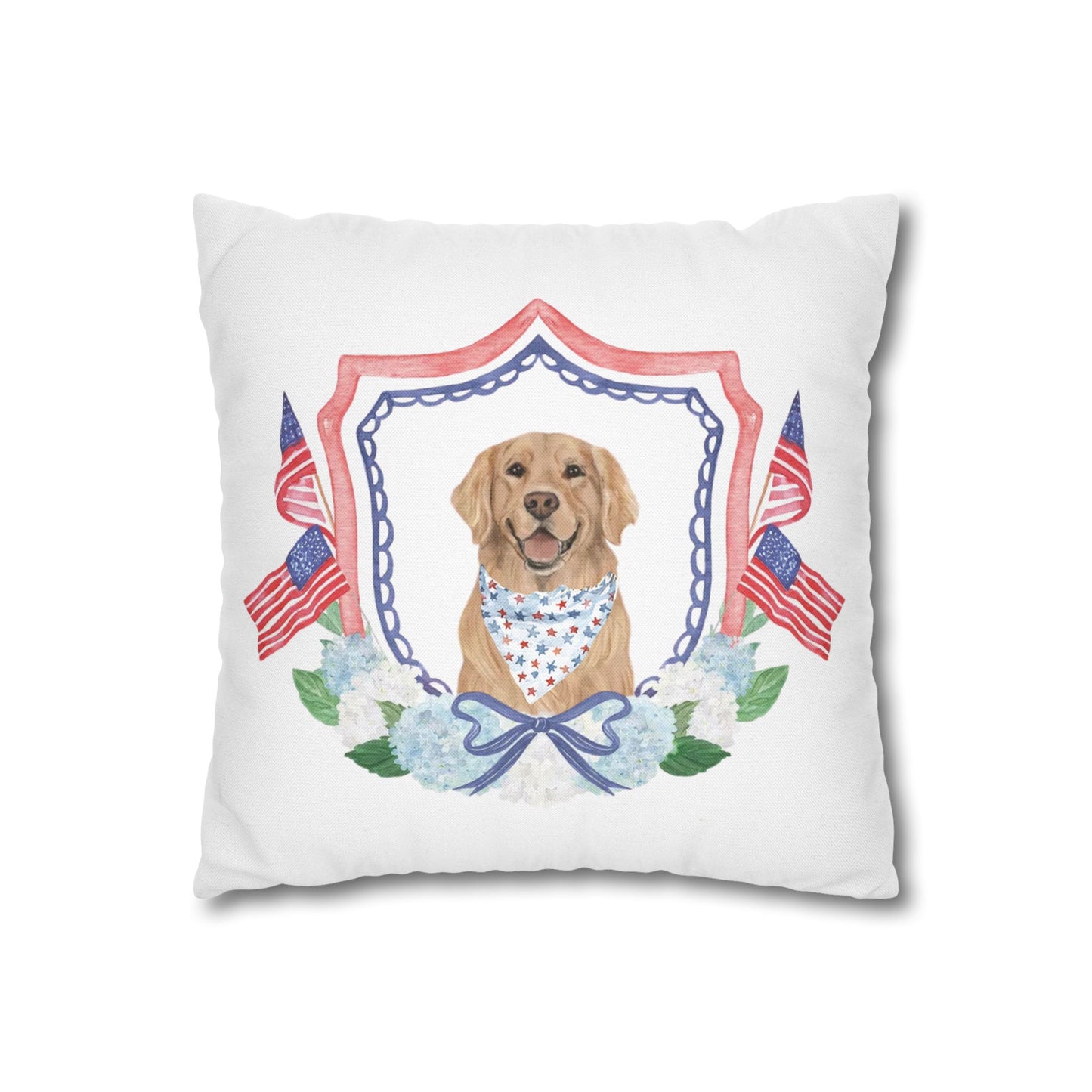 Summer Golden Retriever Pillow Cover, Double Sided, Hand drawn, Watercolor Golden Retriever Patriotic Pillow Cover