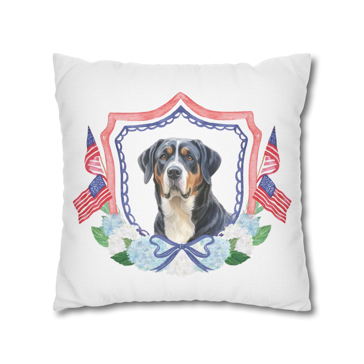 Summer Swissy in the USA, Greater Swiss Mountain Dog Pillow Cover, Hand Drawn, Double-Sided Graphics, Swissy, GSMD