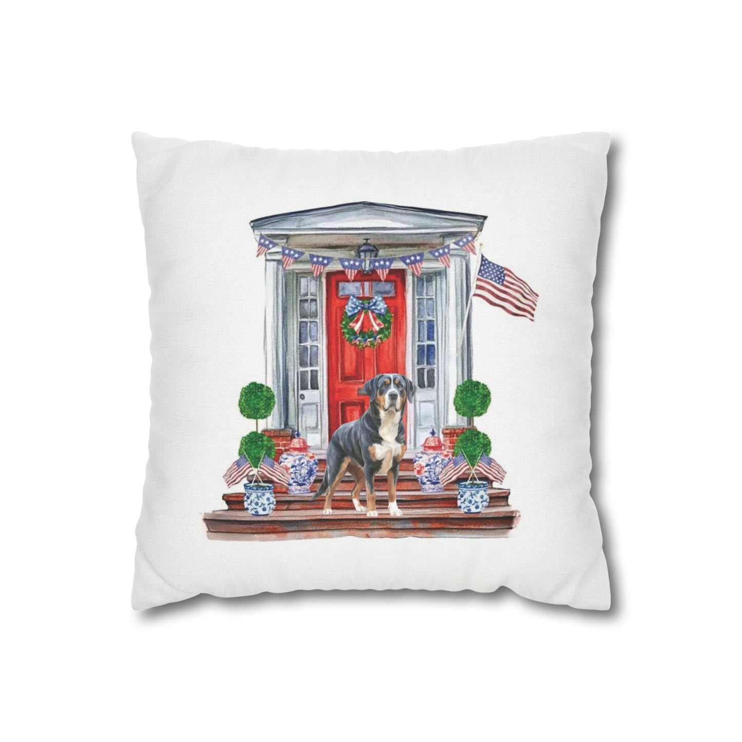 Summer Swissy in the USA, Greater Swiss Mountain Dog Pillow Cover, Hand Drawn, Double-Sided Graphics, Swissy, GSMD