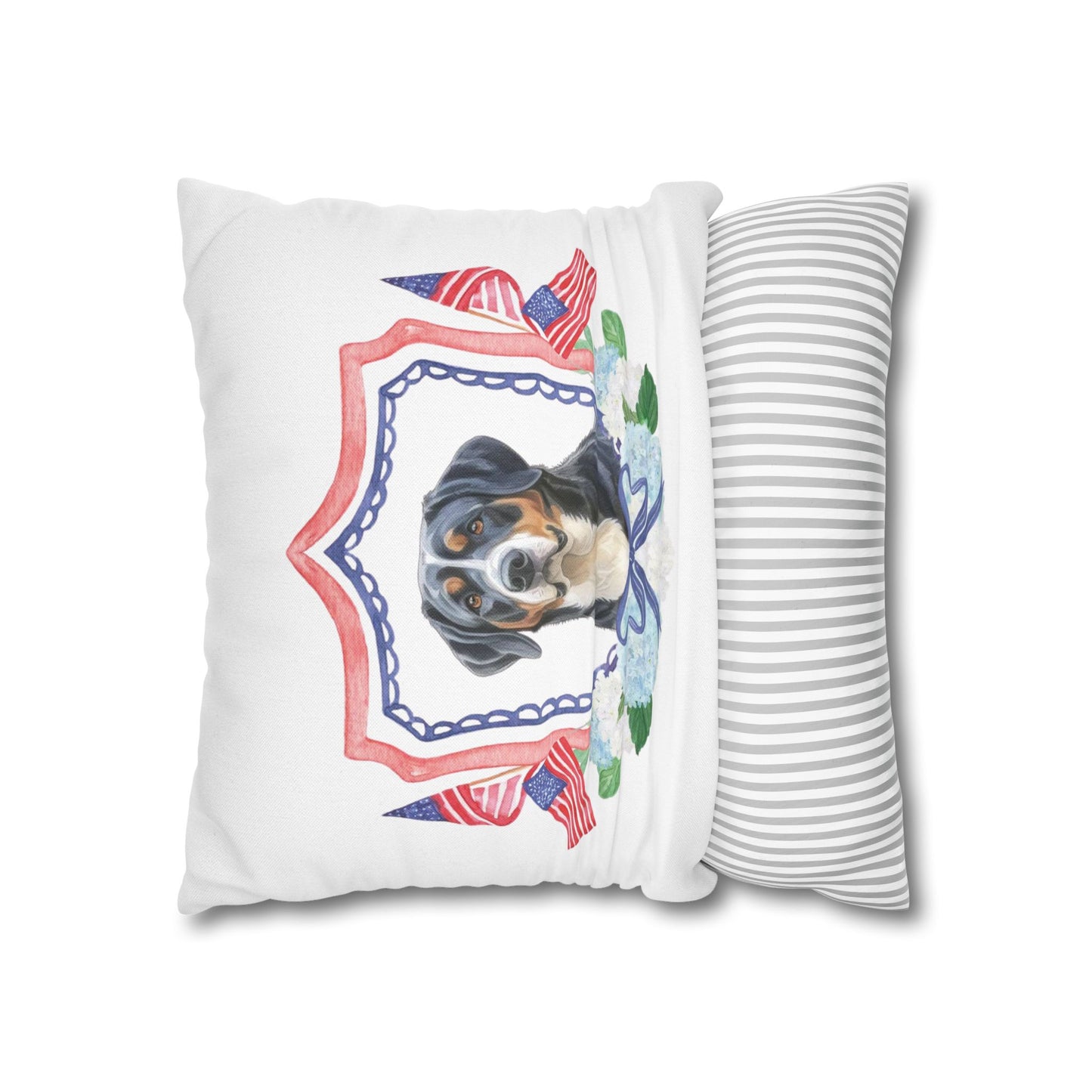 Summer Swissy in the USA, Greater Swiss Mountain Dog Pillow Cover, Hand Drawn, Double-Sided Graphics, Swissy, GSMD