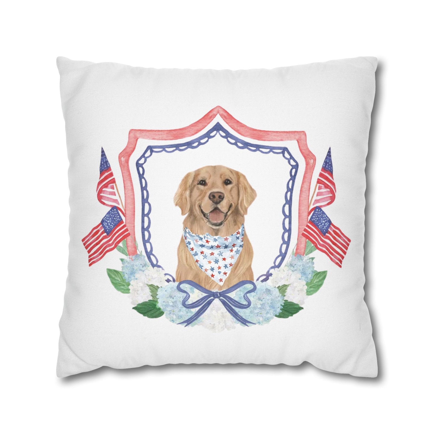 Summer Golden Retriever Pillow Cover, Double Sided, Hand drawn, Watercolor Golden Retriever Patriotic Pillow Cover