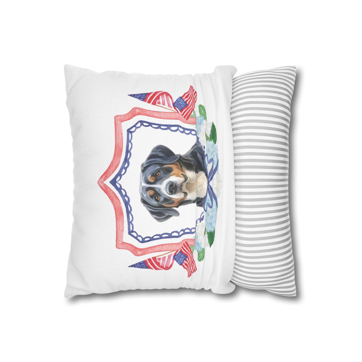 Summer Swissy in the USA, Greater Swiss Mountain Dog Pillow Cover, Hand Drawn, Double-Sided Graphics, Swissy, GSMD