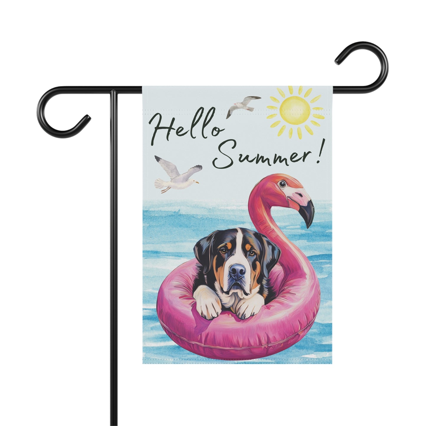 Watercolor Greater Swiss Mountain Dog Garden Flag, Hello Summer Swissy Garden Flag, Watercolor Hand drawn Dog Flag, Double Sided