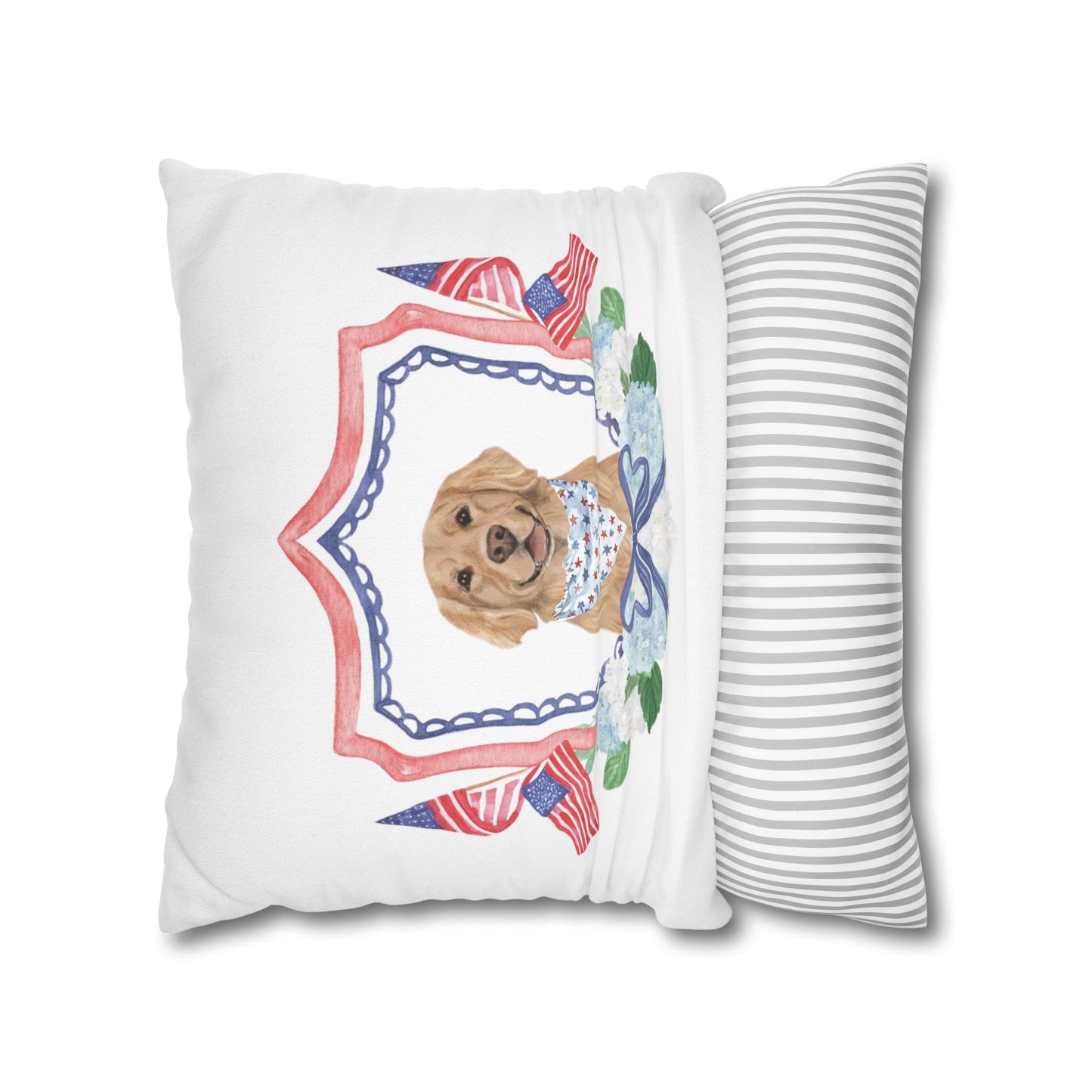 Summer Golden Retriever Pillow Cover, Double Sided, Hand drawn, Watercolor Golden Retriever Patriotic Pillow Cover