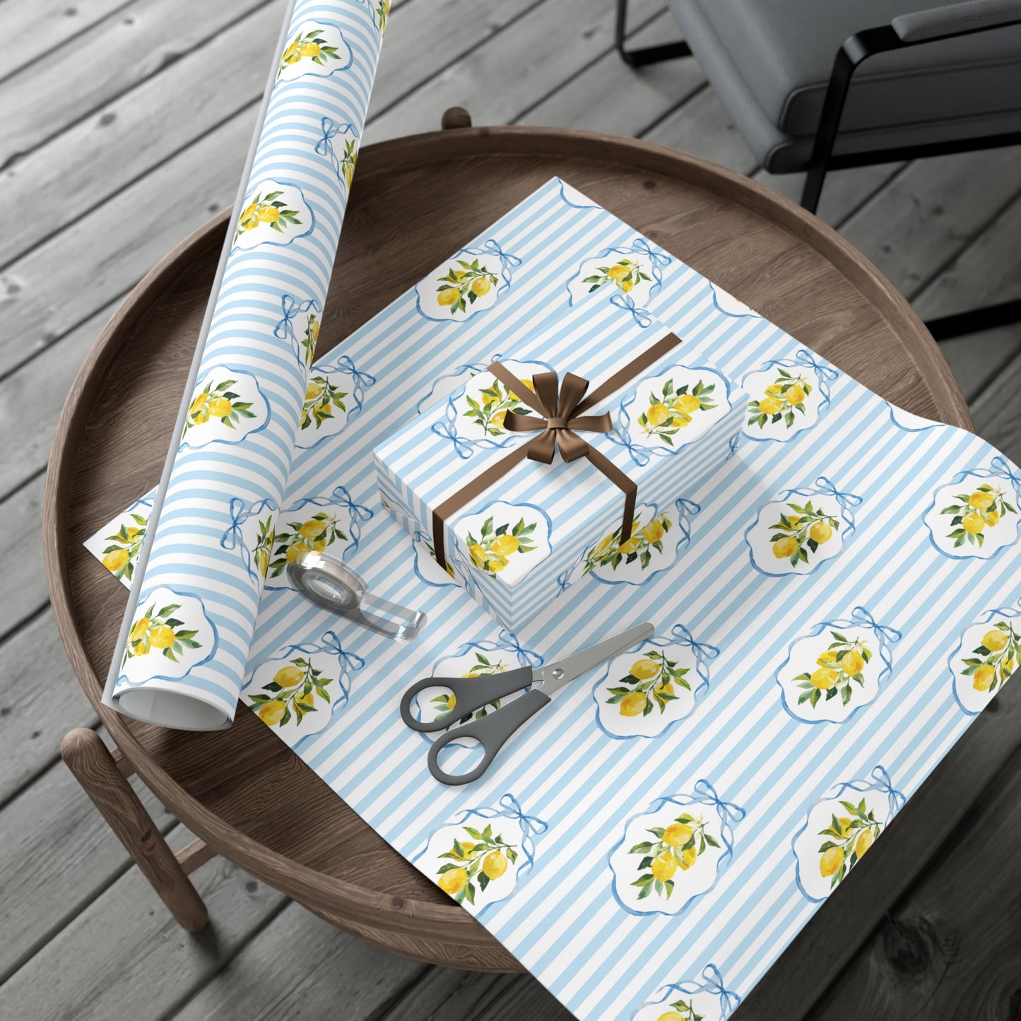Summer Blue Stripe Lemon Wrapping Paper