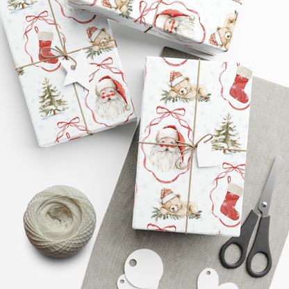 Christmas Watercolor Wrapping Paper, Watercolor Teddy Bears & Santa Christmas Gift Wrap, Holiday Present Packaging, Traditional Christmas
