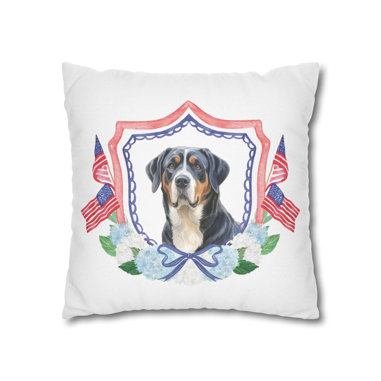 Summer Swissy in the USA, Greater Swiss Mountain Dog Pillow Cover, Hand Drawn, Double-Sided Graphics, Swissy, GSMD