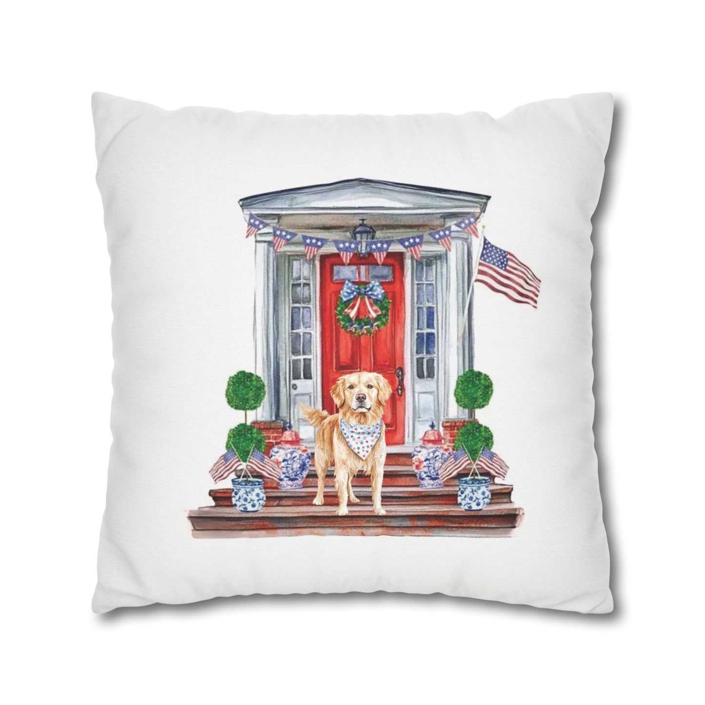 Summer Golden Retriever Pillow Cover, Double Sided, Hand drawn, Watercolor Golden Retriever Patriotic Pillow Cover