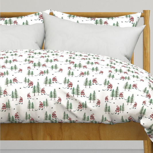 Hockey Santa Christmas Duvet Cover, Ice Hockey Bedding, Sports Fan Holiday Decor, Festive Winter Bedroom, Unique Gift for Hockey Lovers