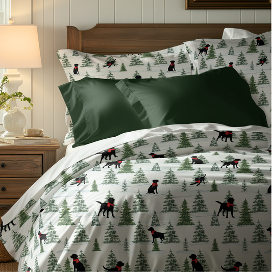 Snowy Black Dog Christmas Duvet Cover, Labrador Christmas Bedding
