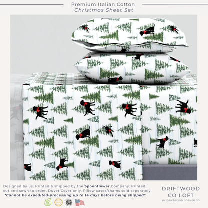 Snowy Black Dogs Christmas Sheet Set ,Premium Italian Cotton Sateen, Christmas Dogs Bedding