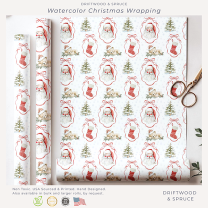 Christmas Watercolor Wrapping Paper, Watercolor Teddy Bears & Santa Christmas Gift Wrap, Holiday Present Packaging, Traditional Christmas