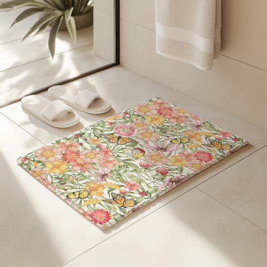 Spring Botanical Floral Butterfly Garden Bath or Kitchen Mat, Inspired Bath, Guest Bath Decor, Cottage, Kitchen mat, Anti fatigue Mat