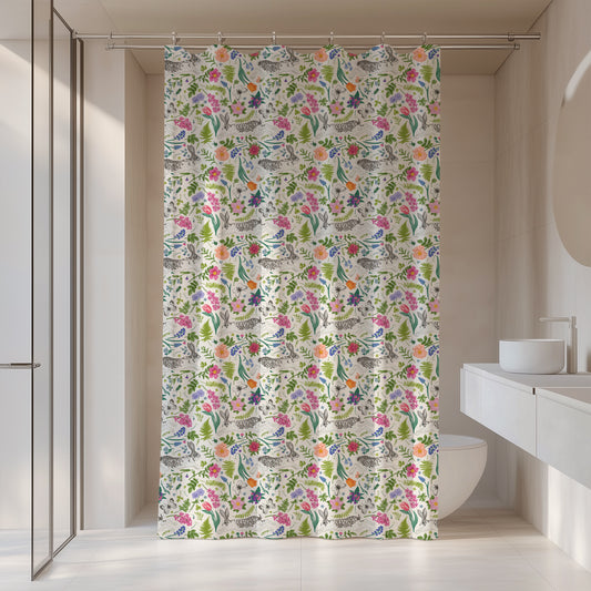 Colorful Version of Our Spring Rabbit Easter Shower Curtain Green Toile Cottage Shower Curtain Botanical Shower Curtain Spring Bath Decor