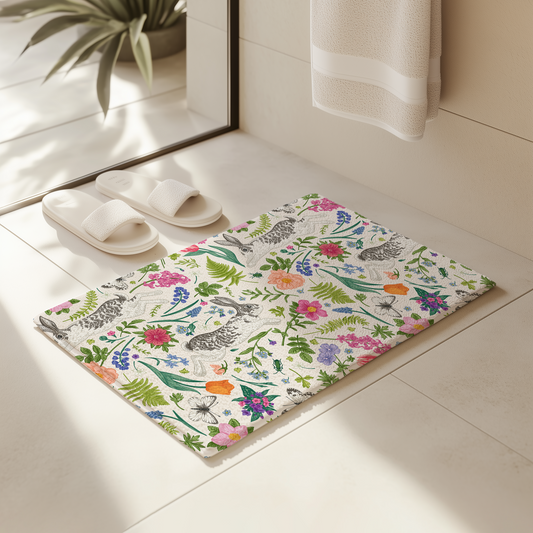 Colorful Version of Our Toile Easter Rabbit Bath Mat, Spring Kitchen Mat, Memory Foam, Cottage Home Decor