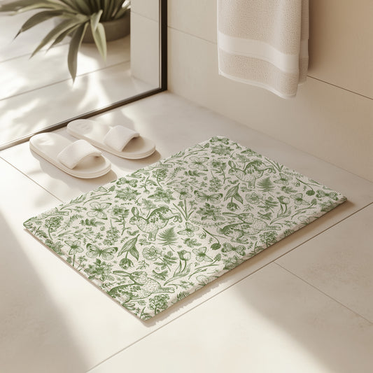 Vintage Green Toile Easter Rabbit Bath Mat, Spring Kitchen Mat, Memory Foam, Cottage Home Decor