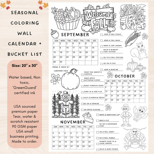 Wall Calendar for Kids, Bucket List, Fall Seasonal Bucket List, Fall Calendar, Seasonal Calendar for Kids, Coloring Calendar